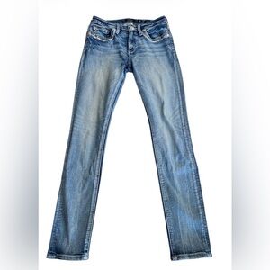 Miss Me Skinny Jeans Womens 26 Lace Yoke Rhinestone Distressed Blue Denim M3150S